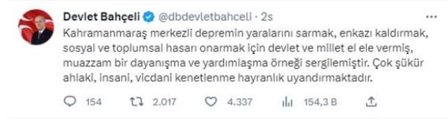 "Türkiye Tek Yürek" kampanyasına bir bağış da Bahçeli'den! "Elimizi taşın altına koyuyoruz" - Resim : 1