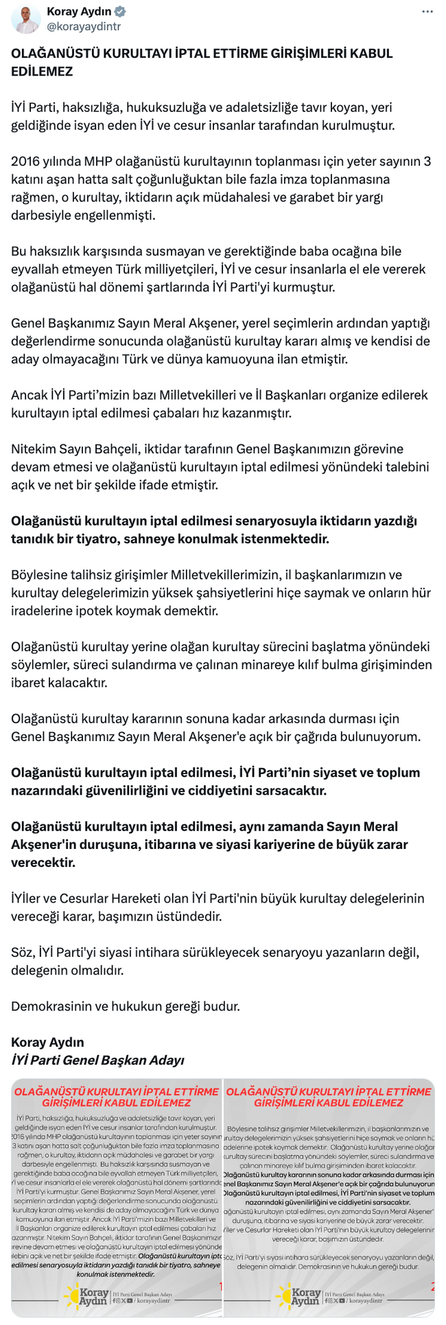 Koray Aydın’dan Meral Akşener’e ‘açık’ çağrı! Olağanüstü kurultay öncesi çarpıcı açıklama… - Resim : 1