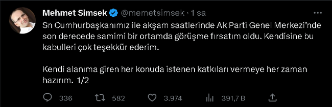 Erdoğan ile görüşme sonrası Şimşek kararını verdi! Siyasete dönecek mi? - Resim : 2