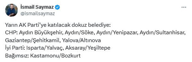 Gazeteci İsmail Saymaz'dan bomba kulis bilgisi! İşte yarın AKP'ye katılacak belediyeler - Resim : 1
