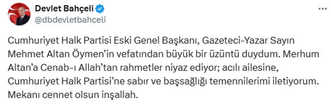 Devlet Bahçeli'den Altan Öymen için taziye mesajı - Resim : 1