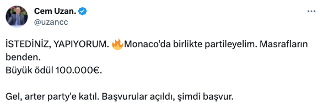Cem Uzan, Monaco’da 100 bin euro ödüllü parti düzenliyor! 'Vizeniz benden, başvurular başladı…' - Resim : 1