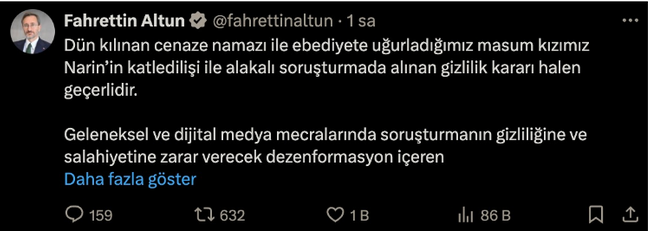 Fahrettin Altun'dan Narin Güran cinayeti açıklaması: Soruşturmada gizlilik sürüyor - Resim : 1