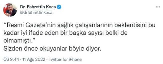 Bakan Koca'dan sağlık çalışanlarını heyecanlandıran paylaşım: Resmi Gazete'yi işaret etti - Resim : 2