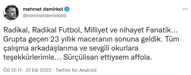 Ünlü spor yazarı Demirören Medya'ya veda etti! "23 yıllık maceranın sonuna geldik" - Resim : 1