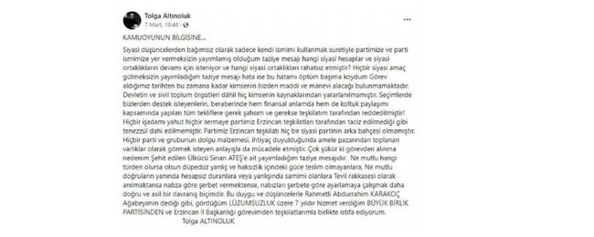BBP Erzincan İl Başkanı Tolga Altınoluk, partisinden istifa etti - Resim : 1