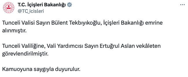 Tunceli Valisi kendi isteğiyle merkeze çekildi! İçişleri Bakanlığı duyurdu… - Resim : 1