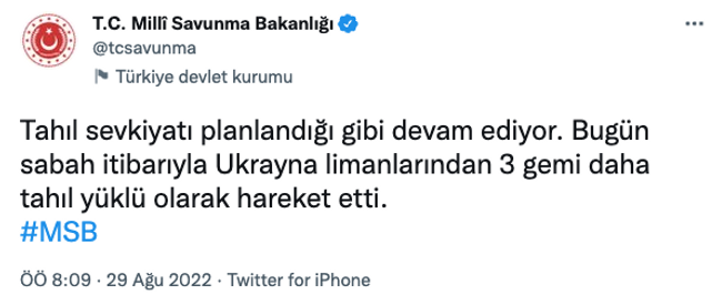 MSB duyurdu! Ukrayna limanlarından 3 gemi daha tahıl yüklü olarak hareket etti! - Resim : 1