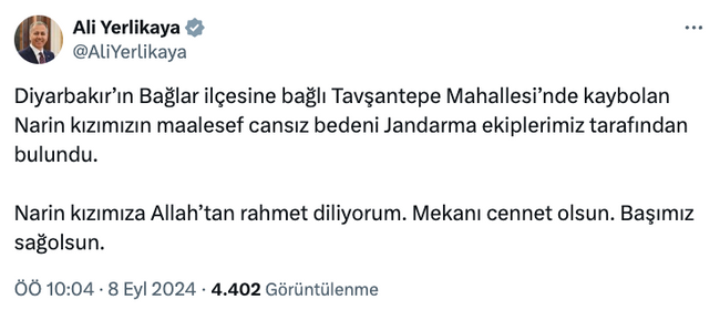 8 yaşındaki Narin’in cansız bedeni bulundu! Bakan Yerlikaya duyurdu… - Resim : 1