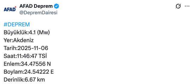 AFAD duyurdu: Akdeniz'de 4.1 b&uuml;y&uuml;kl&uuml;ğ&uuml;nde deprem! - Resim : 1