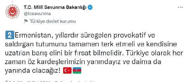MSB'den 50 askeri şehit olan Azerbaycan'a başsağlığı mesajı! Ermenistan'a bir de çağrıda bulunuldu - Resim : 2