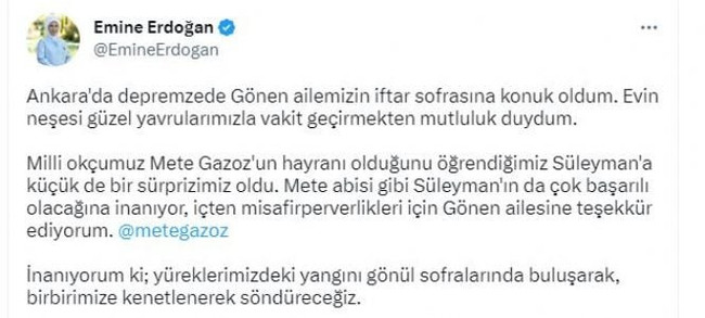 Emine Erdoğan, ilk iftarını Ankara'ya yerleşen depremzede aile ile birlikte yaptı - Resim : 1