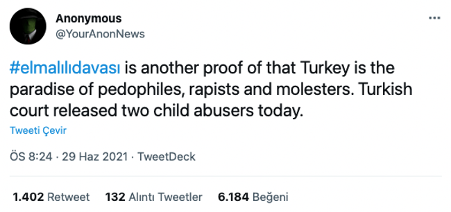 Anonymous’tan ‘Elmalı davası’ tepkisi! Sessiz kalmadı - Resim : 1