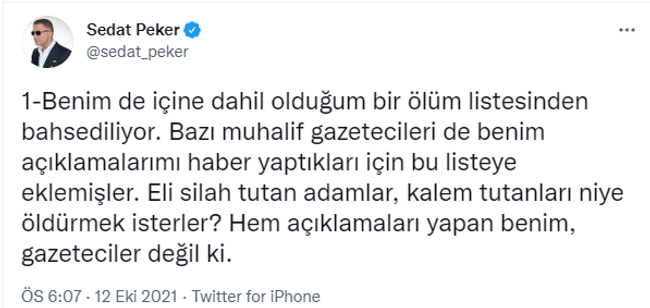 Sedat Peker'den 'ölüm listesi' ve 'suikast' iddiası! "Muhalif gazeteciler de yer alıyor!" - Resim : 1