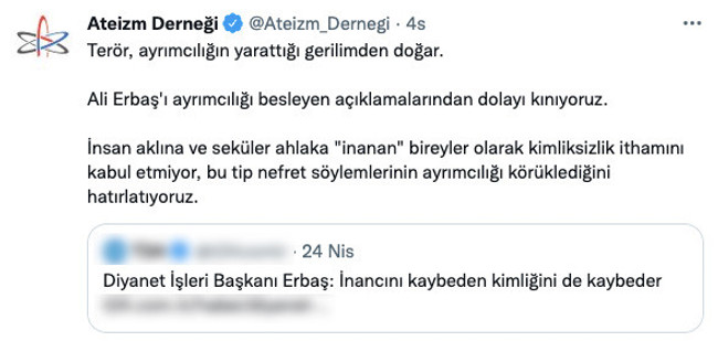 Ateizm Derneği'nden Ali Erbaş'ın sözlerine sert yanıt: "Bu tip nefret söylemlerinin..." - Resim : 1