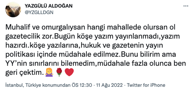Cumhuriyet yazarı Yazgülü Aldoğan’ın köşe yazısı yayımlanmadı! ‘Muhalif ve omurgalıysan…’ - Resim : 1