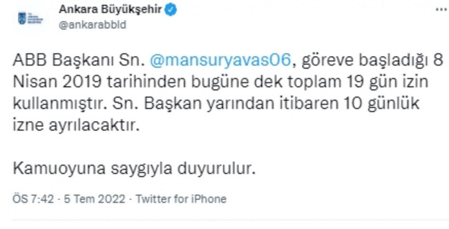 Ankara Büyükşehir Belediyesi'nden duyuru: Mansur Yavaş izne ayrılıyor - Resim : 1