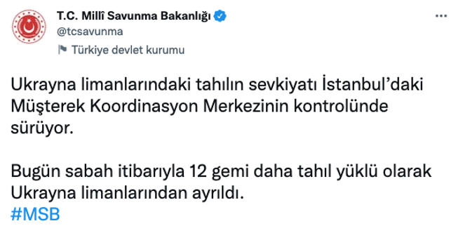MSB duyurdu! Tahıl sevkiyatı kapsamında 12 gemi daha Ukrayna'dan hareket etti… - Resim : 1