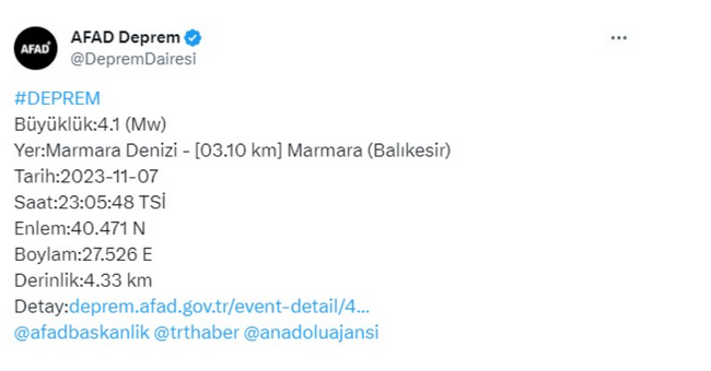 Marmara Denizi'nde 4.1 büyüklüğünde deprem - Resim : 1