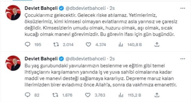 "Türkiye Tek Yürek" kampanyasına bir bağış da Bahçeli'den! "Elimizi taşın altına koyuyoruz" - Resim : 4