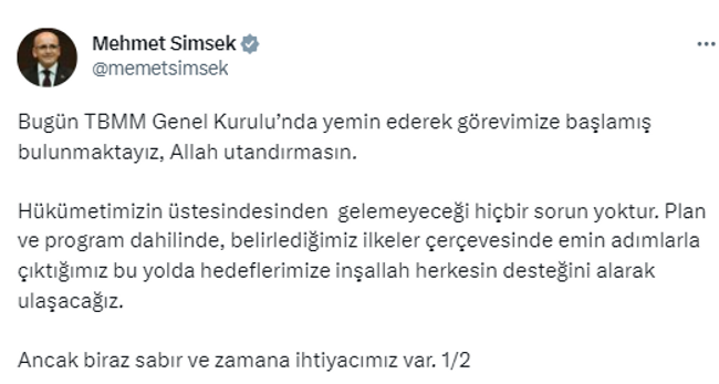 Bakan Şimşek'ten dövizdeki artış için 'sabır' mesajı! - Resim : 1