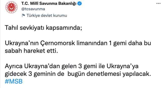 MSB duyurdu! Ukrayna'dan 1 tahıl gemisi daha hareket etti… - Resim : 1