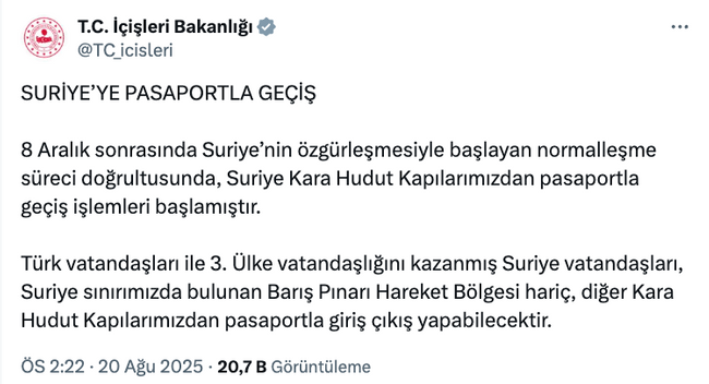 İçişleri Bakanlığı duyurdu: Suriye sınırından pasaportla giriş çıkış yapılabilecek! - Resim : 1
