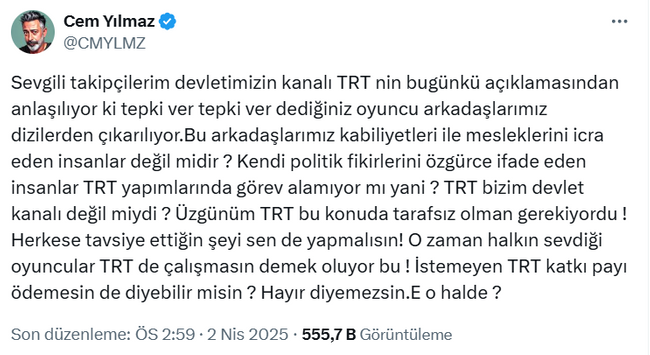 Cem Yılmaz'dan TRT'ye 'Aybüke Pusat' tepkisi: TRT bizim devlet kanalı değil miydi? - Resim : 1