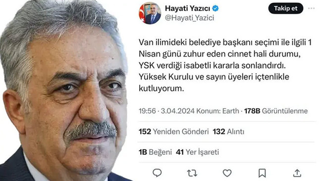 YSK, Van kararını açıkladı! AK Partili Hayati Yazıcı önce paylaştı, sonra sildi - Resim : 1