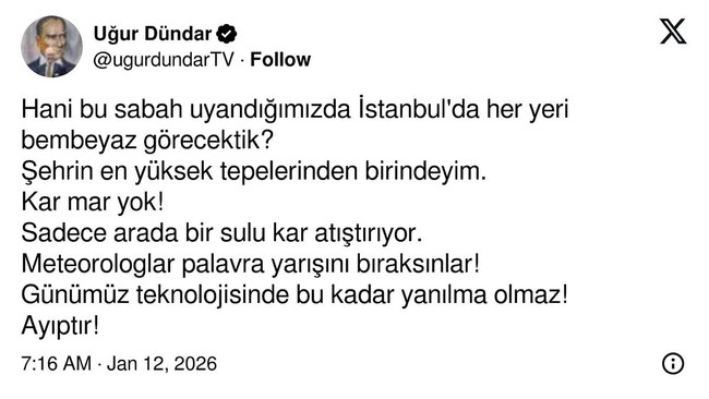 Uğur D&uuml;ndar meteorolojinin kar tahmininde yanılmasına isyan etti: 'Palavra yarışını bırakın' - Resim : 1