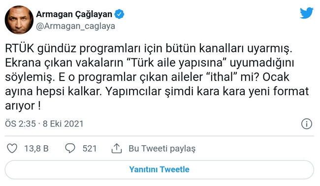Armağan Çağlayan'dan RTÜK'e gündüz kuşağı tepkisi: O aileler ithal mi? - Resim : 1