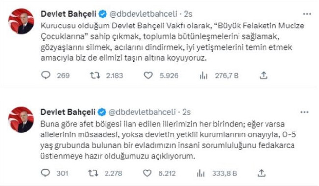 "Türkiye Tek Yürek" kampanyasına bir bağış da Bahçeli'den! "Elimizi taşın altına koyuyoruz" - Resim : 3