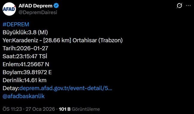 AFAD duyurdu! Trabzon'da endişelendiren deprem - Resim : 1