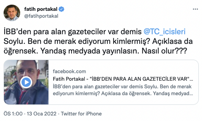 "İBB'den maaş alan gazeteciler var" demişti! Fatih Portakal'dan Süleyman Soylu'ya çağrı! - Resim : 1