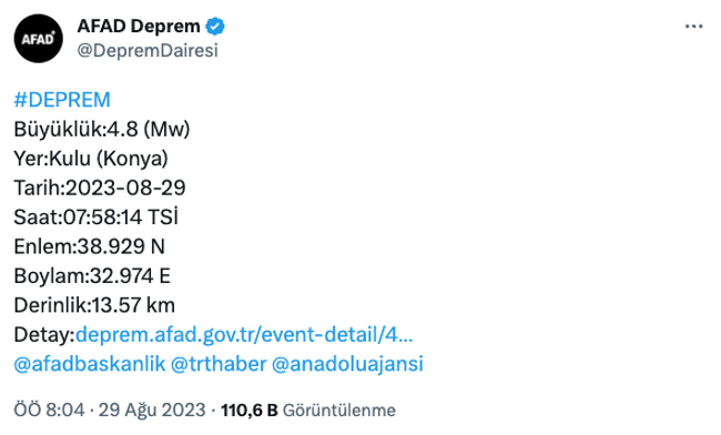 Konya'da deprem: Çevre illerden de hissedildi! AFAD büyüklüğünü açıkladı… - Resim : 1
