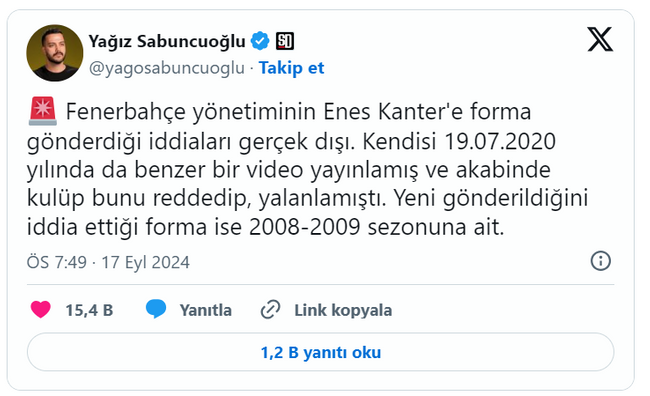 FETÖ'cü Enes Kanter, Ali Koç'un forma gönderdiğini iddia etti! Kulüpten tepki geldi - Resim : 1