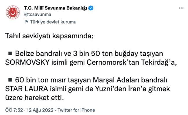 Tahıl sevkiyatında 2 gemi daha yola çıktı! MSB duyurdu… - Resim : 1