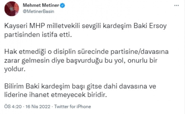 Mehmet Metiner'den, MHP'den istifa eden Baki Ersoy'a destek! "Hak etmediği disiplin sürecinde..." - Resim : 2