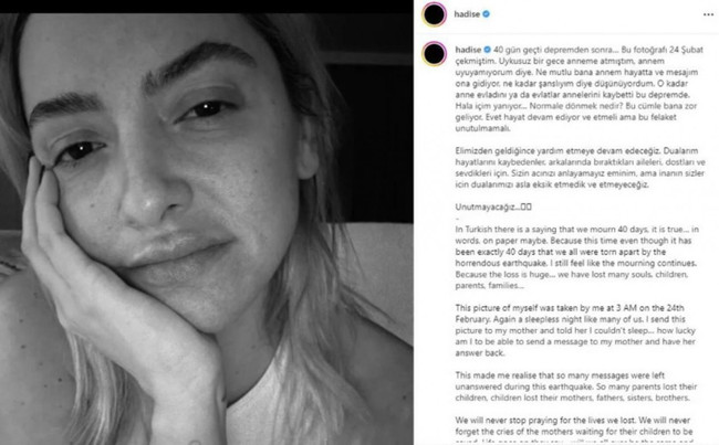 Hadise'den deprem tepkisi: 'Hala içim yanıyor. Normale dönmek nedir?' - Resim : 1