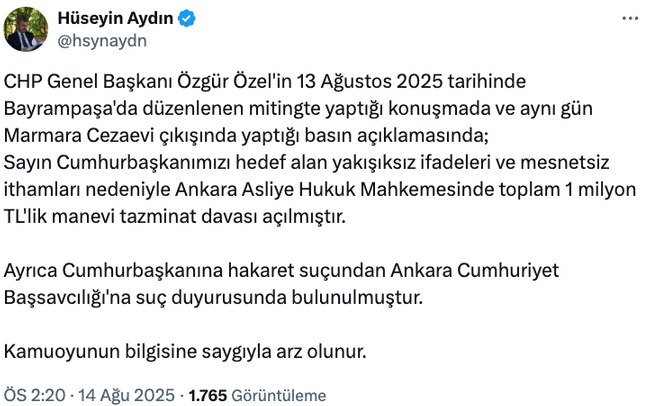 Erdoğan'dan Özgür Özel'e manevi tazminat davası! ‘Cumhurbaşkanına hakaret…’ - Resim : 1