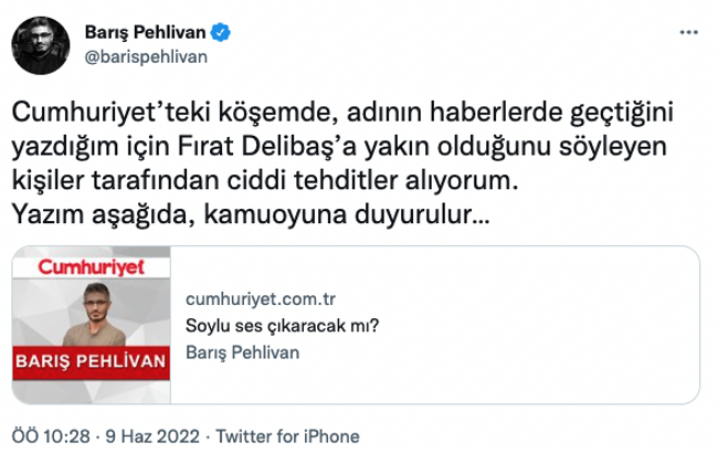 Barış Pehlivan’dan ‘tehdit’ açıklaması! ‘Adının geçtiğini yazdığım için…’ - Resim : 1