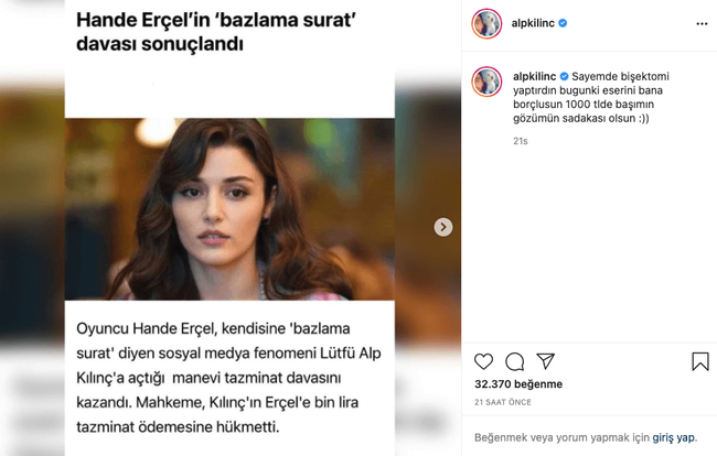Hande Erçel’e karşı kaybeden fenomen Alp Kılınç yine boş durmadı! ‘Sadakam olsun…’ - Resim : 1