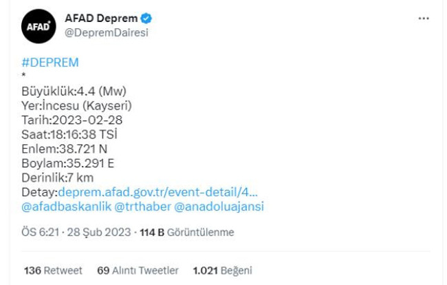 Kayseri'de 4.4 büyüklüğünde deprem meydana geldi - Resim : 1
