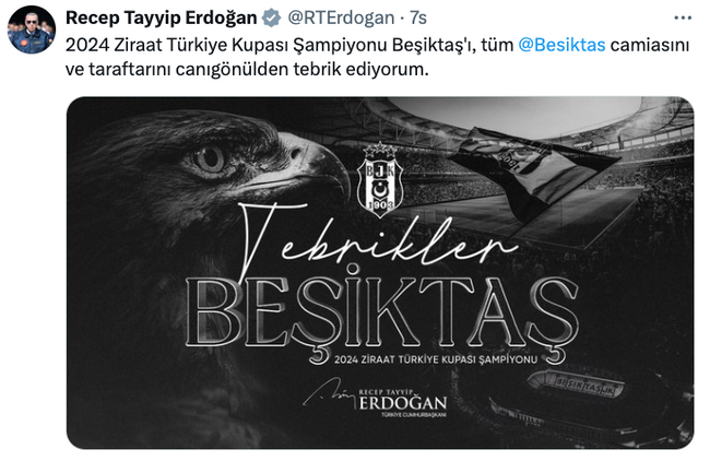 Erdoğan'dan Türkiye Kupası şampiyonu Beşiktaş'a tebrik! - Resim : 1