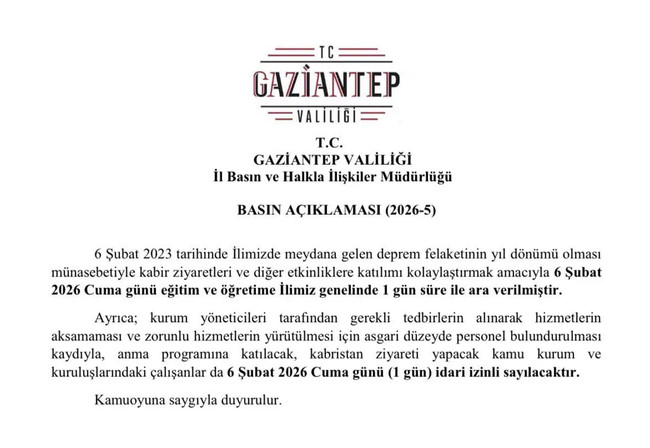 Gaziantep&rsquo;te 6 Şubat'ta okullar tatil olacak - Resim : 1