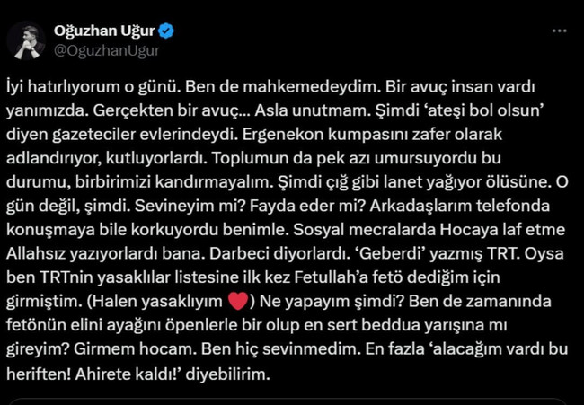 Babası Ergenokon'dan tutuklanmıştı! Oğuzhan Uğur'dan Gülen paylaşımı - Resim : 1