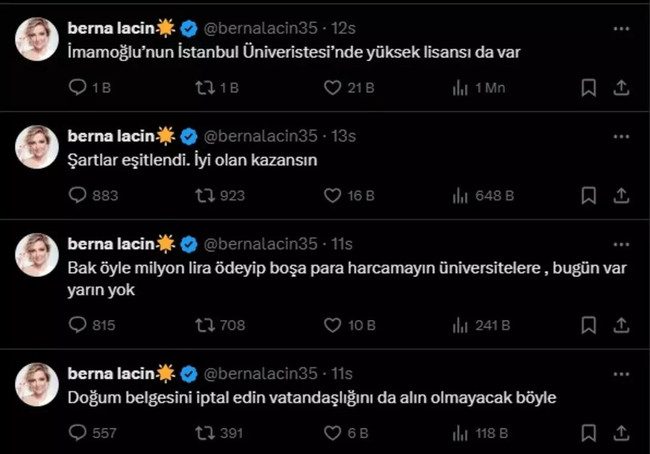 Ekrem İmamoğlu'nun diploması iptal edilince Berna Laçin peş peş paylaştı! ''Şartlar eşitlendi'' - Resim : 1