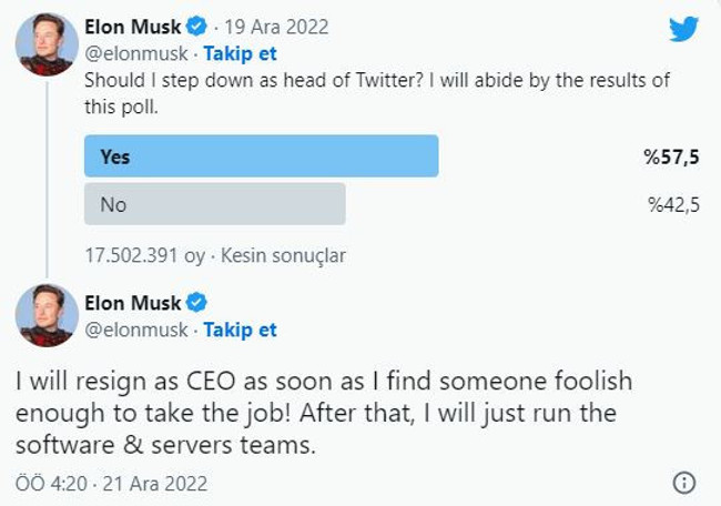 Twitter CEO’su Elon Musk’tan istifa kararı! Anket yapmıştı… - Resim : 2