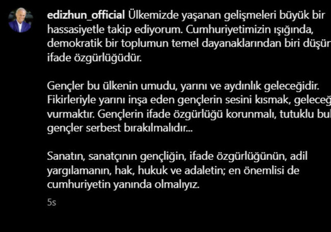 Ediz Hun'dan 'hak, hukuk, adalet' çağrısı: 'Gençler serbest bırakılmalı' - Resim : 1