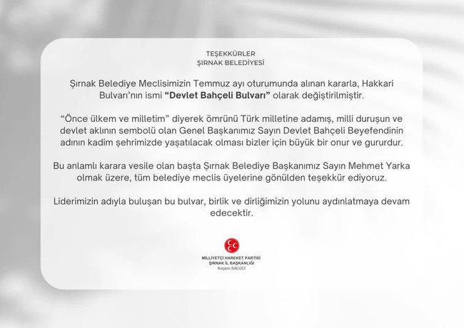 Şırnak Belediyesi'nden Bahçeli kararı - Resim : 1